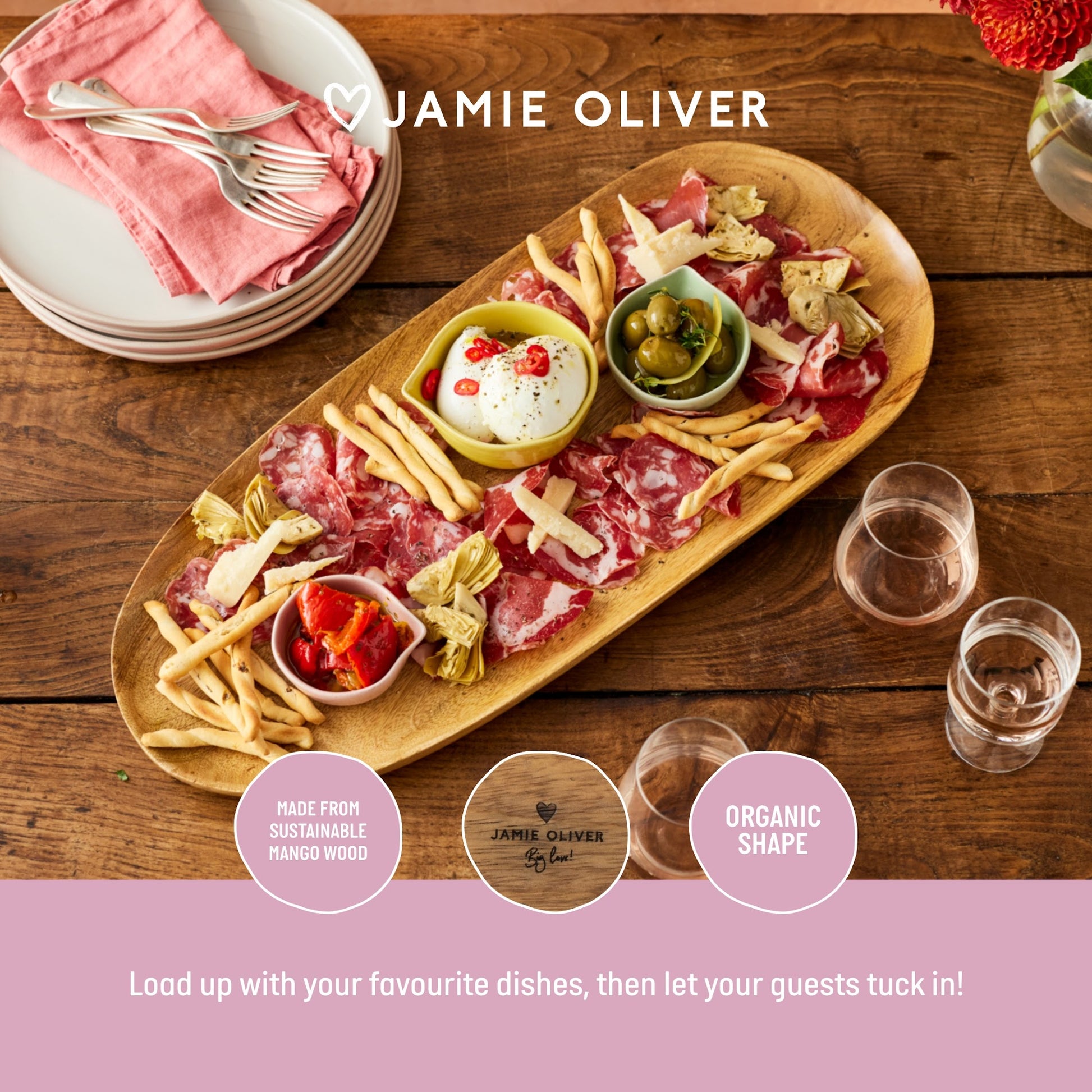 Jamie Oliver Big Love Tabla de madera 57 x 25 cm - mesa servida con picada