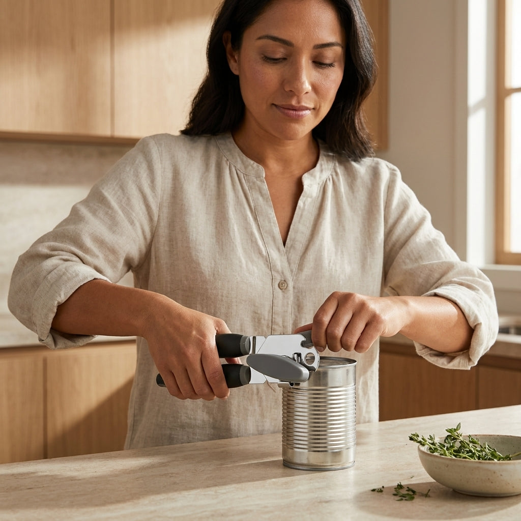 Abrelatas Metálico Ergonómico con destapador Verden - en uso