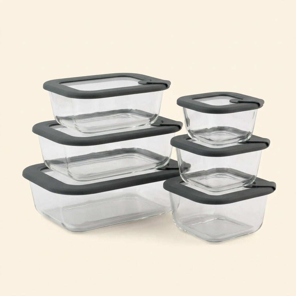 Set x6 Contenedores Herméticos de Vidrio Borosilicato (3 Cuadrados + 3 Rectangulares)