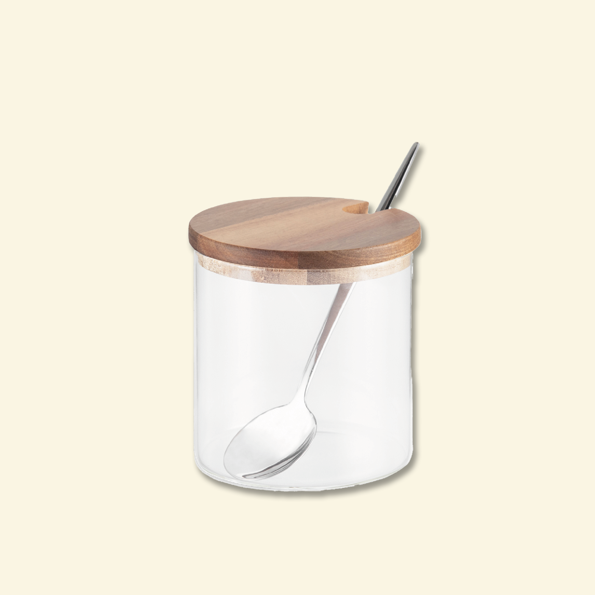 Frasco de vidrio tapa acacia con cuchara de acero 400ml