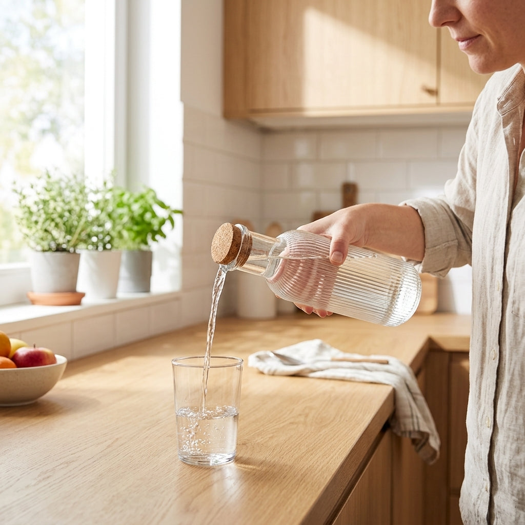 Botella de vidrio con tapa de corcho 1L Verden - en uso