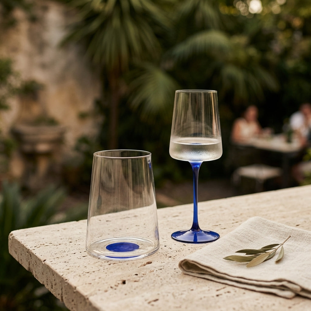 Set copas vino blanco Verden - mesa servida en terraza