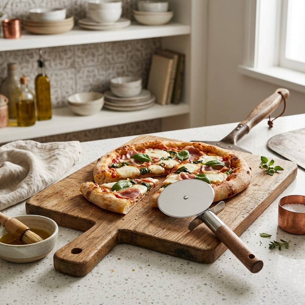 Corta pizza 9cm mango de Acacia Verden - contexto
