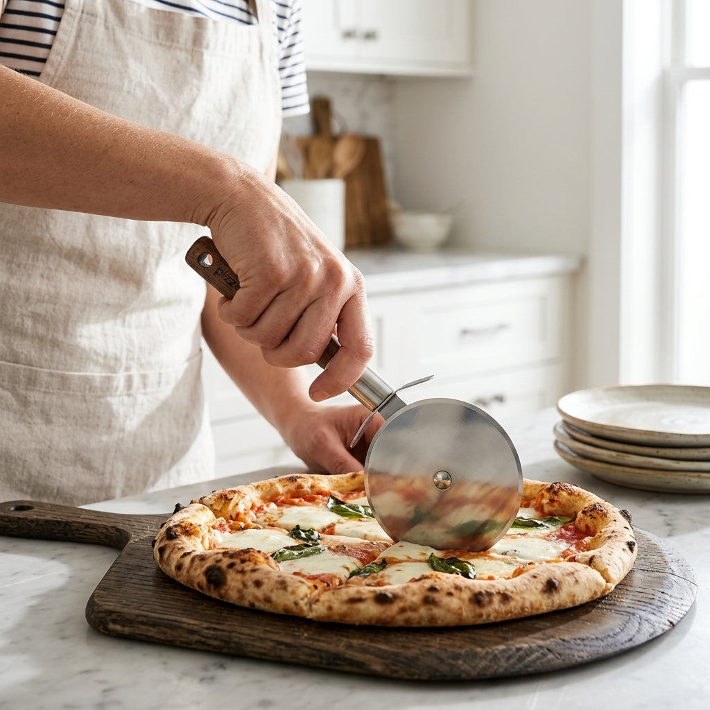 Corta pizza 9cm mango de Acacia Verden - en uso
