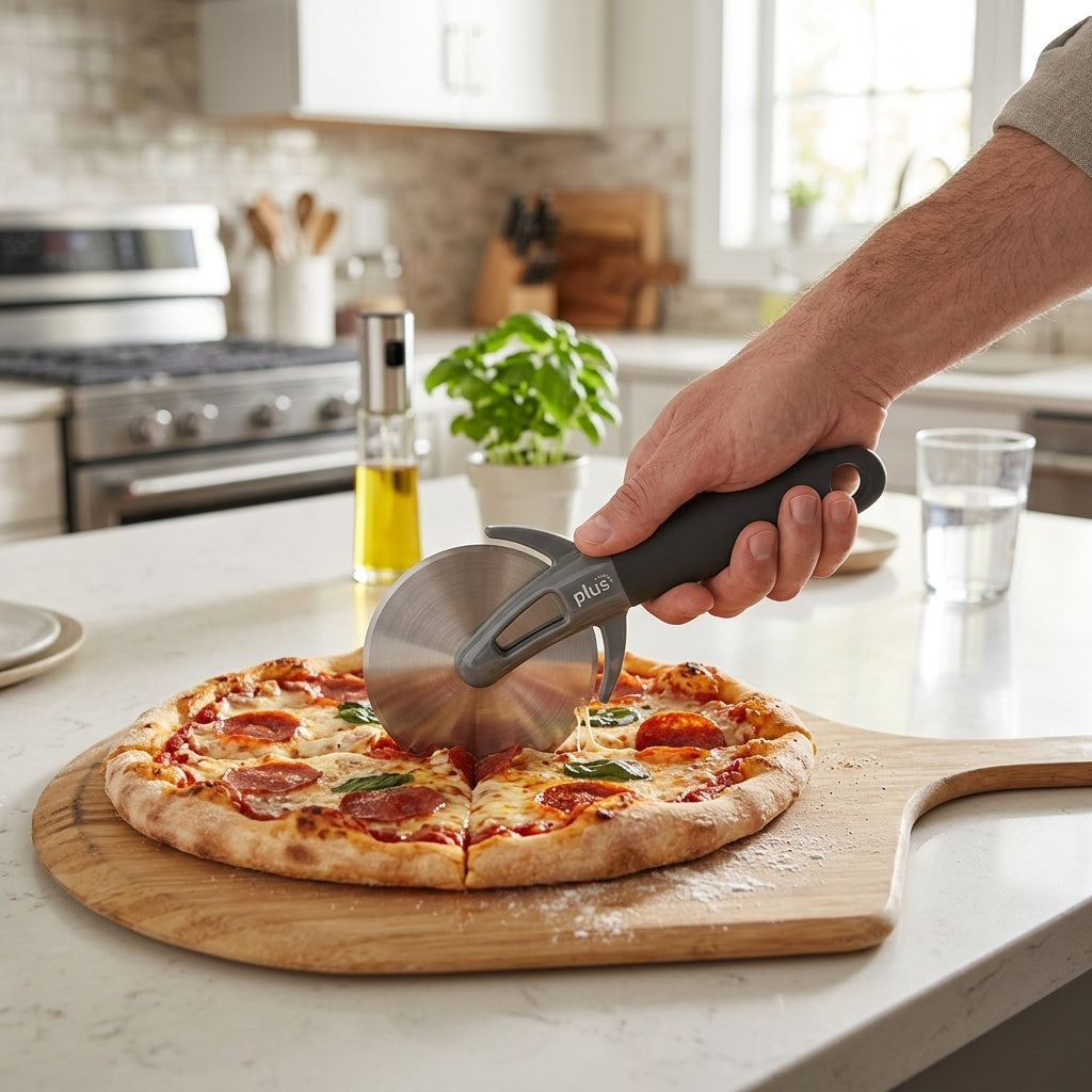 Corta pizzas con Mango de Silicona Verden - en uso