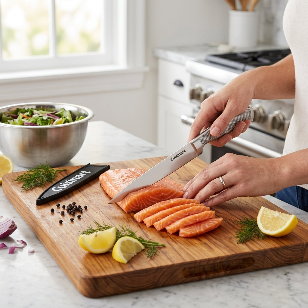 Cuchillo Fileteador 8 pulgadas CUISINART con funda Verden - en uso