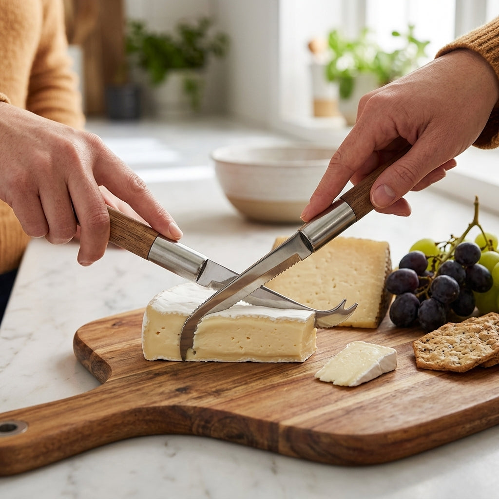 Cuchillo para queso mango Acacia Verden - en uso