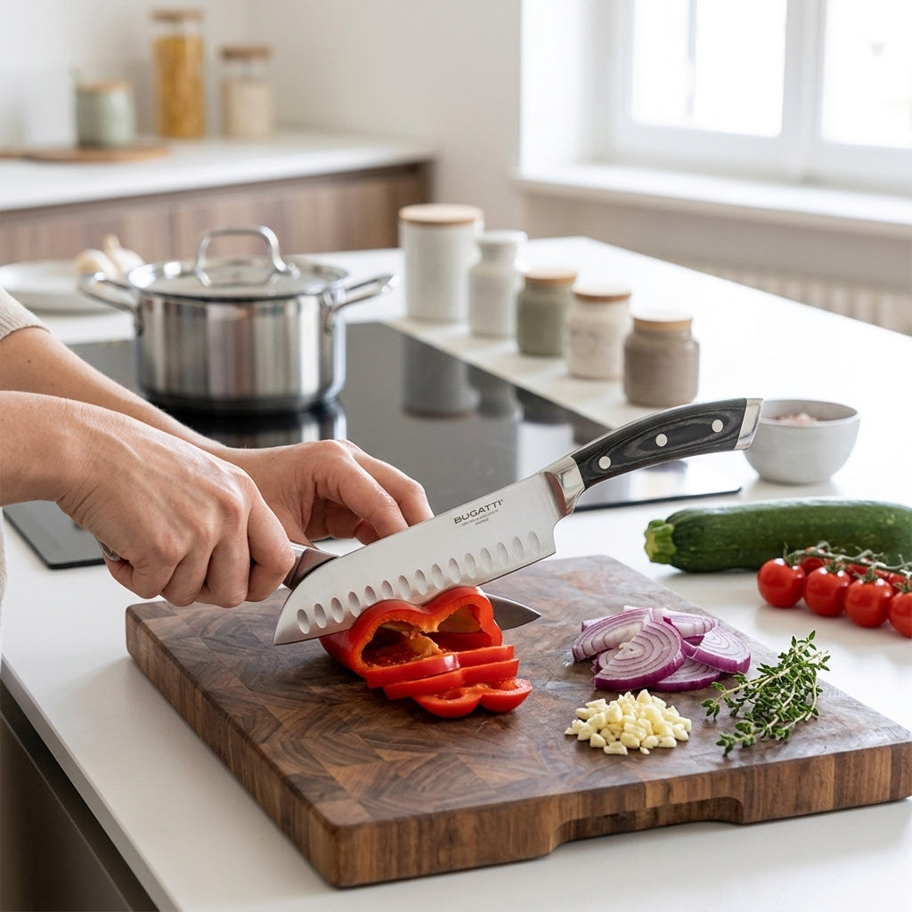 Cuchillo Santoku Ergo Pakka 20 cm Verden - en uso