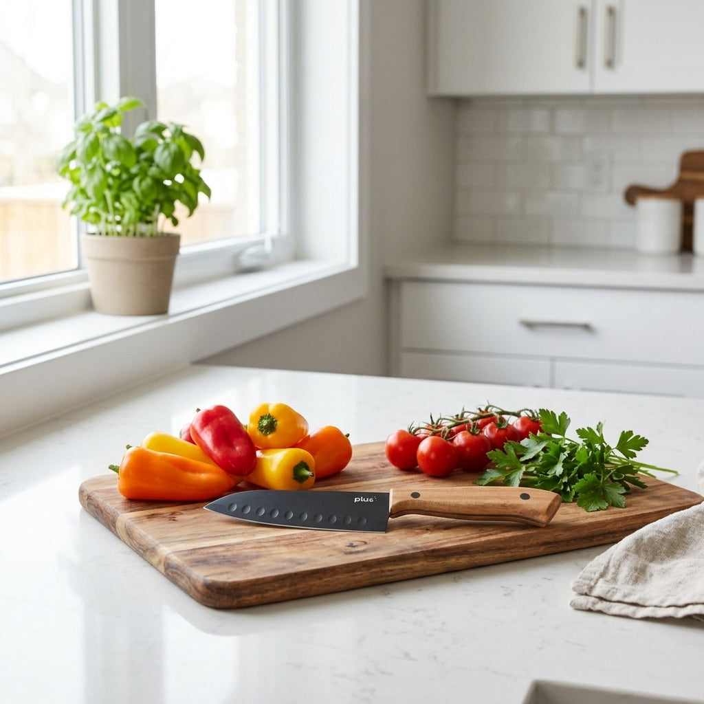 Cuchillo Santoku 5 pulgadas Verden - en uso