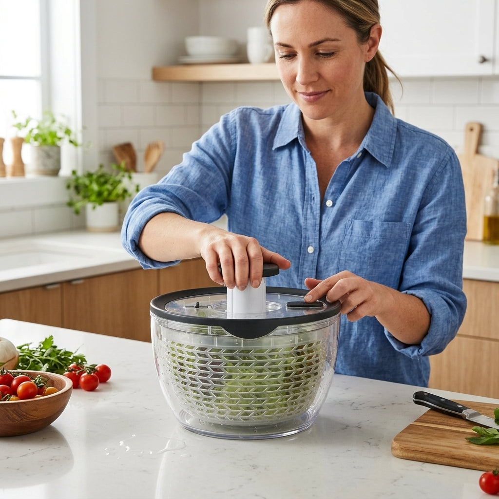 Escurre Verduras con Palanca 5.5 L Verden - en uso
