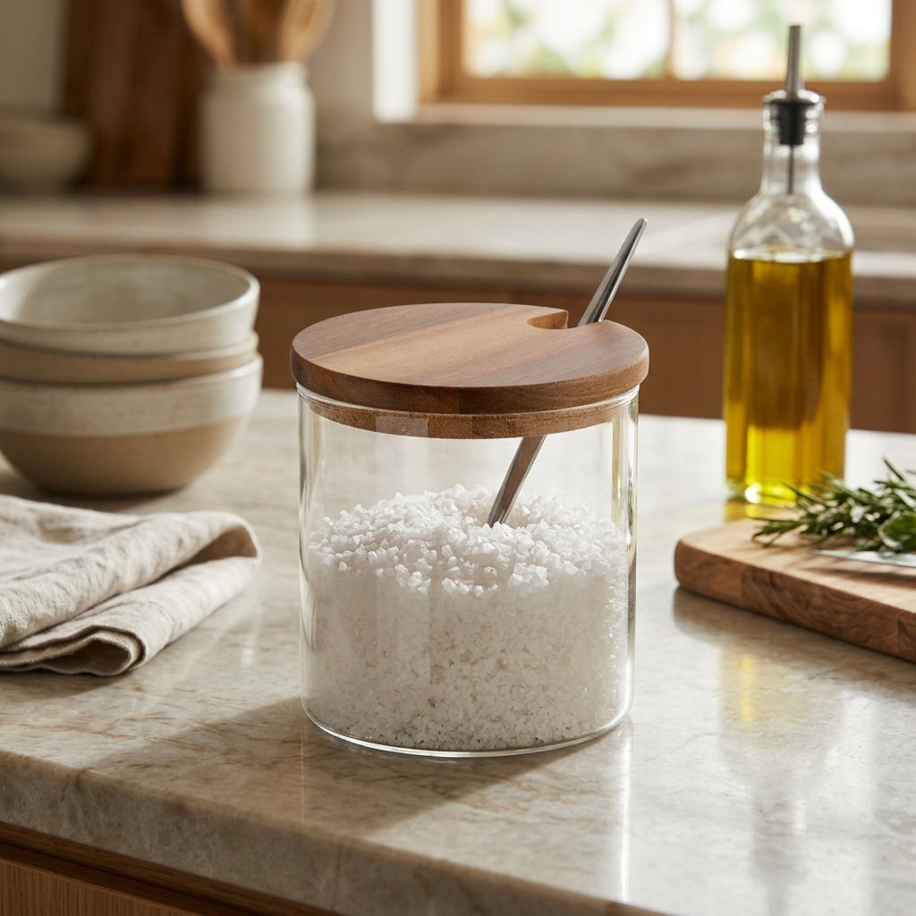 Frasco de vidrio tapa acacia con cuchara de acero 400ml Verden - contexto