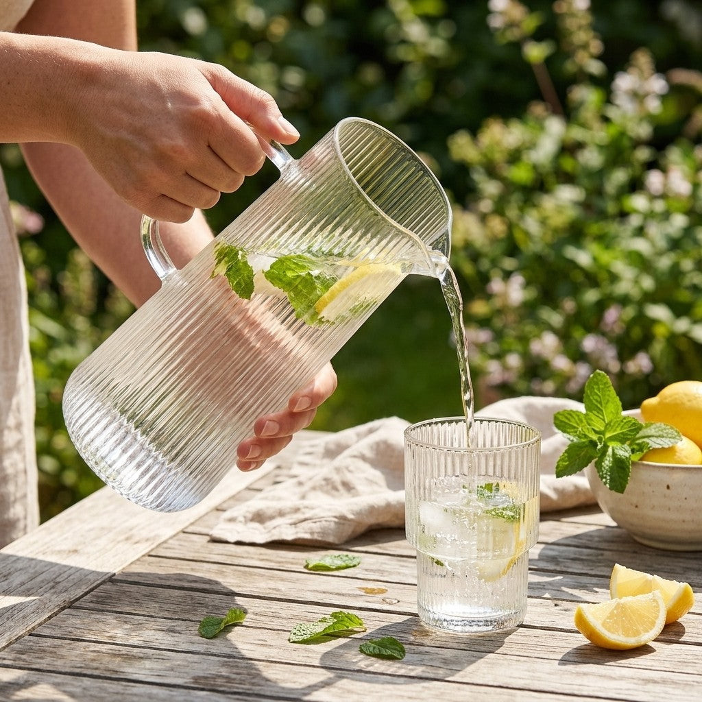 Jarra de vidrio stripes 1500 ml Verden - en uso
